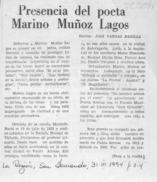Presencia del poeta Marino Muñoz Lagos  [artículo] José Vargas Badilla.