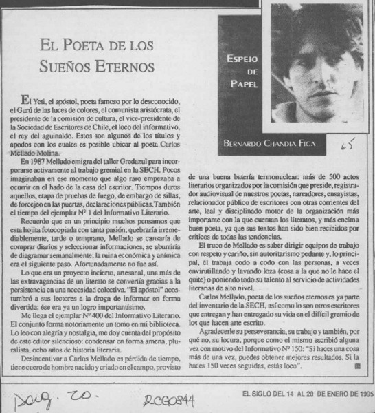 El poeta de los sueños eternos  [artículo] Bernardo Chandía Fica.