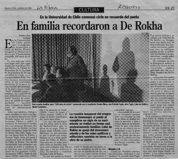 En familia recordaron a De Rokha  [artículo] Ximena Poo.