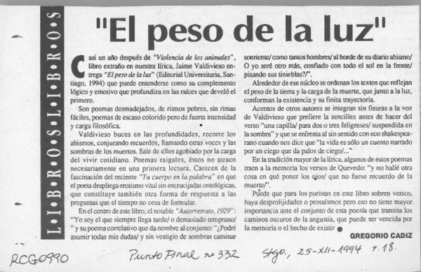 "El peso de la luz"  [artículo] Gregorio Cádiz.