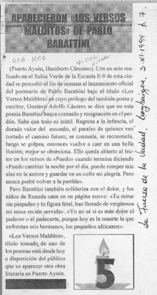 Aparecieron "Los versos malditos" de Pablo Barattini  [artículo] Humberto Cárcamo.