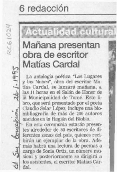 Mañana presentan obra de escritor Matías Cardal  [artículo].
