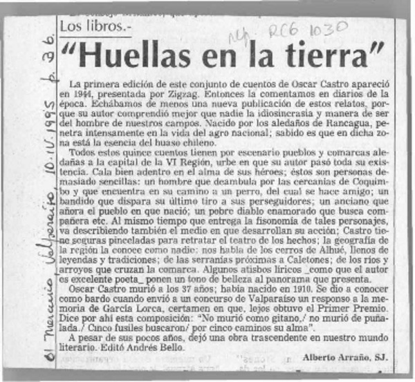 "Huellas en la tierra"  [artículo] Alberto Arraño.