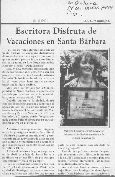 Escritora disfruta de vacaciones en Santa Bárbara  [artículo].