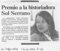 Premio a la historiadora Sol Serrano  [artículo].