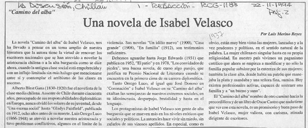 Una novela de Isabel Velasco  [artículo] Luis Merino Reyes.