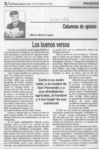 Los buenos versos  [artículo] Marino Muñoz Lagos.