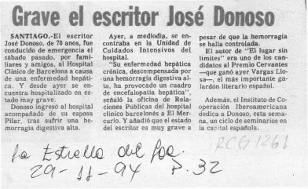 Grave el escritor José Donoso  [artículo].