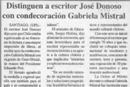Distinguen a escritor José Donoso con condecoración Gabriela Mistral  [artículo].