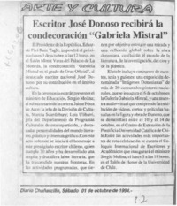 Escritor José Donoso recibirá la condecoración "Gabriela Mistral"  [artículo].