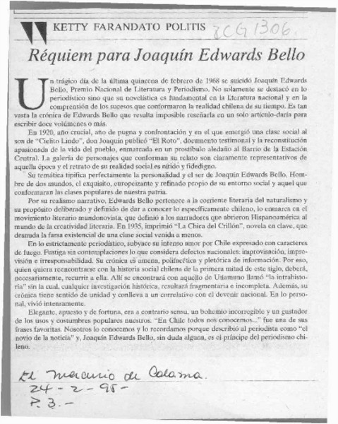 Réquiem para Joaquín Edwards Bello  [artículo] Ketty Farandato Politis.