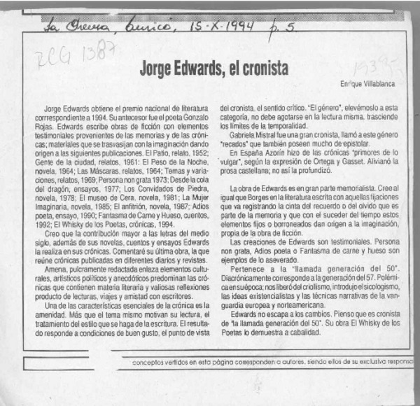 Jorge Edwards, el cronista  [artículo] Enrique Villablanca.