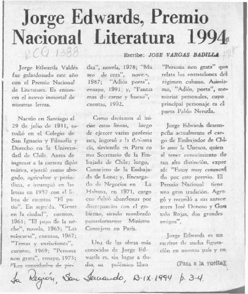 Jorge Edwards, Premio Nacional Literatura 1994  [artículo] José Vargas Badilla.