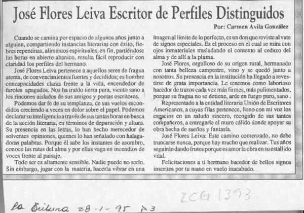 José Flores Leiva escritor de perfiles distinguidos  [artículo] Carmen Avila González.