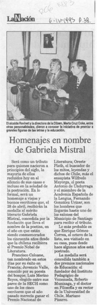 Homenajes en nombre de Gabriela Mistral  [artículo].