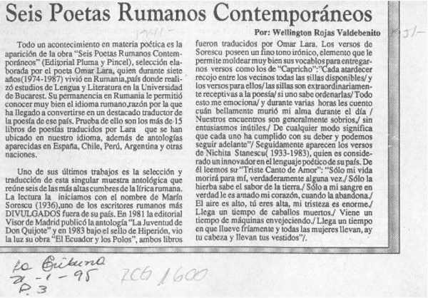Seis poetas rumanos contemporáneos  [artículo] Wellington Rojas Valdebenito.