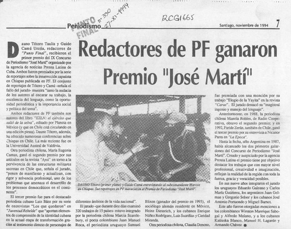 Redactores de PF ganaron Premio "José Martí"  [artículo].