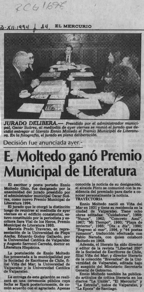 E. Moltedo ganó Premio Municipal de Literatura  [artículo].