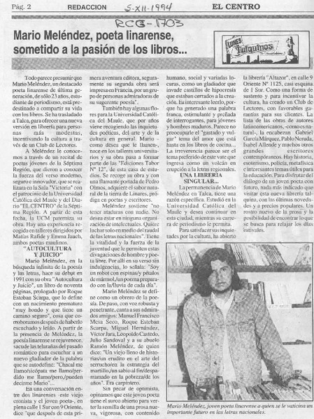 Mario Meléndez, poeta linarense, sometido a la pasión de los libros  [artículo].