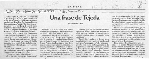 Una frase de Tejeda  [artículo] Luis Sánchez Latorre.