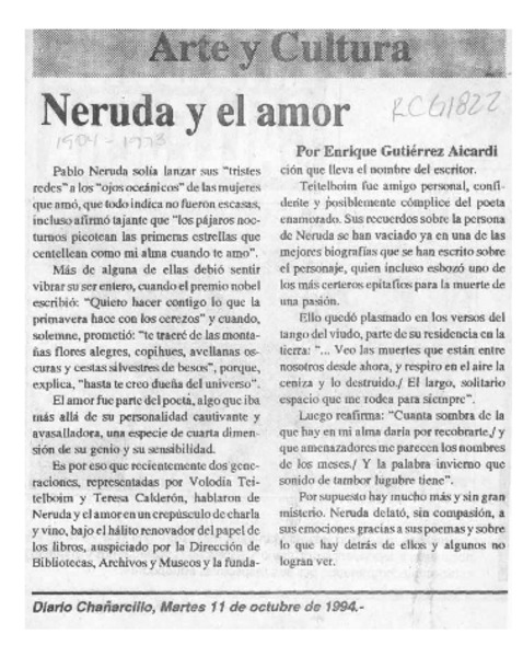 Neruda y el amor  [artículo] Enrique Gutiérrez Aicardi.