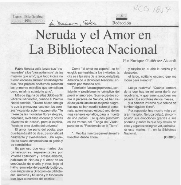Neruda y el amor en la Biblioteca Nacional  [artículo] Enrique Gutiérrez Aicardi.