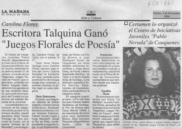 Escritora talquina ganó "Juegos florales de poesía"  [artículo].