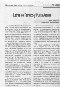 Letras de Temuco y Punta Arenas  [artículo] Pedro Mardones.