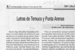 Letras de Temuco y Punta Arenas  [artículo] Pedro Mardones.