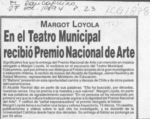 En el Teatro Municipal recibió Premio Nacional de Arte  [artículo].