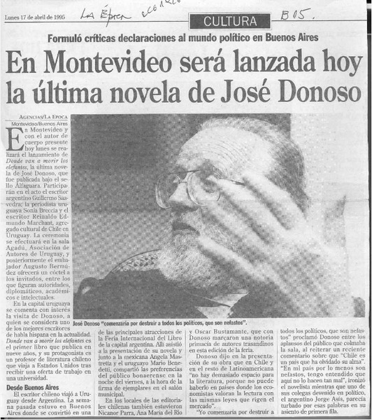 En Montevideo será lanzada hoy la última novela de José Donoso  [artículo].