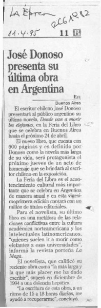 José Donoso presenta su última obra en Argentina  [artículo].