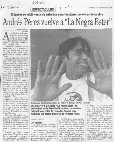 Andrés Pérez vuelve a la Negra Ester  [artículo] Claudia Heiss.