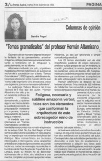 "Temas gramaticales" del profesor Hernán Altamirano  [artículo] Sandra Rogel.