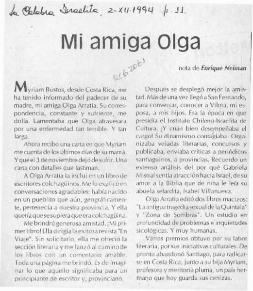 Mi amiga Olga  [artículo] Enrique Neiman.