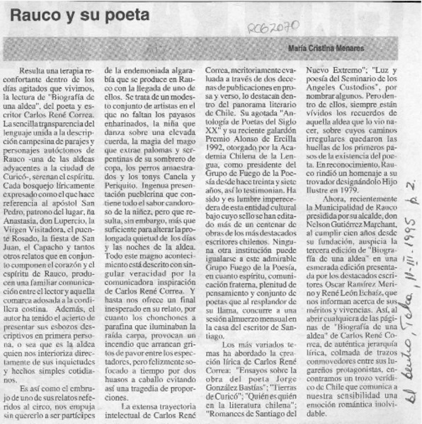 Rauco y su poeta  [artículo] María Cristina Menares.