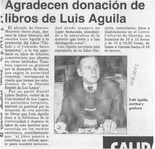 Agradecen donación de libros de Luis Aguila  [artículo].