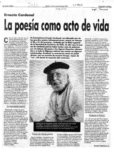 La poesía como acto de vida  [artículo] Daniel Villalobos J.