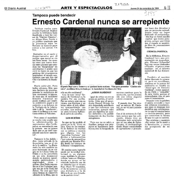Ernesto Cardenal nunca se arrepiente  [artículo].