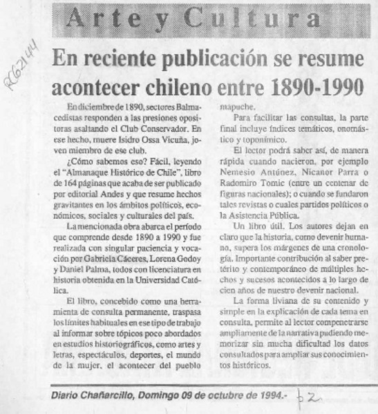 En reciente publicación se resume acontecer chileno entre 1890-1990  [artículo].