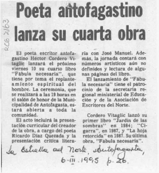 Poeta antofagastino lanza su cuarta obra  [artículo].
