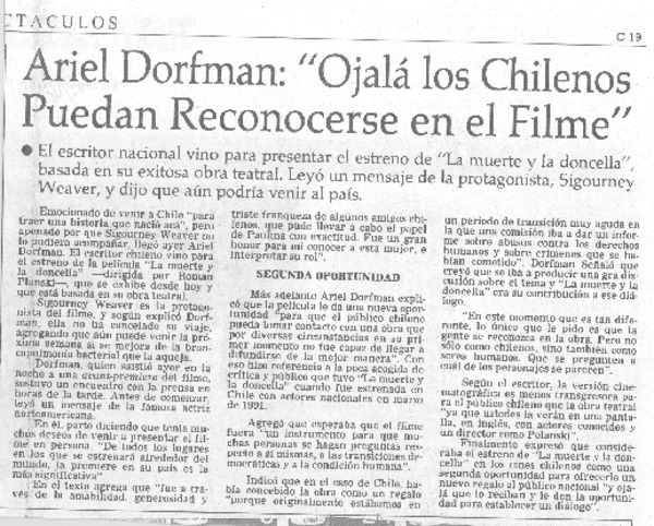 Ariel Dorfman, "Ojalá los chilenos puedan reconocerse en el filme"