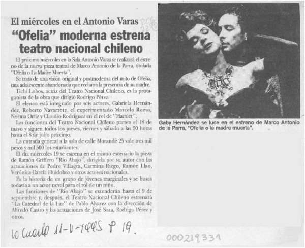 "Ofelia" moderna estrena teatro nacional chileno  [artículo].