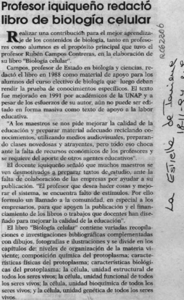 Profesor iquiqueño redactó libro de biología celular  [artículo].