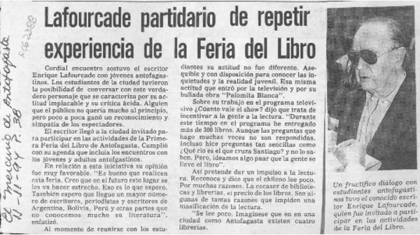 Lafourcade partidario de repetir experiencia de la Feria del Libro  [artículo].
