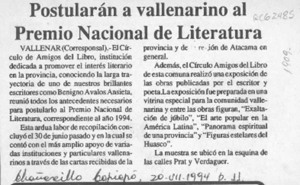 Postularán a vallenarino al Premio Nacional de Literatura  [artículo].
