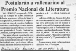 Postularán a vallenarino al Premio Nacional de Literatura  [artículo].