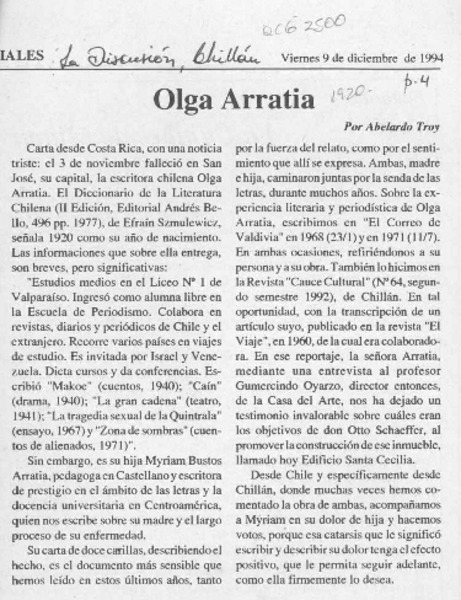 Olga Arratia  [artículo] Abelardo Troy.