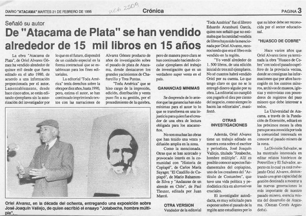 De "Atacama de plata" se han vendido alrededor de 15 mil libros en 15 años  [artículo] Osmán Cortés Argandoña.