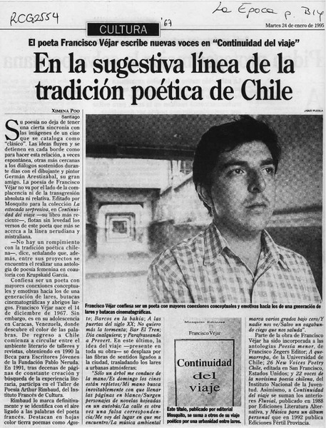En la sugestiva línea de la tradición poética de Chile  [artículo] Ximena Poo.